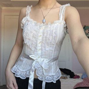 y2k lace milkmaid cami top by no boundaries featuring a creamy white base